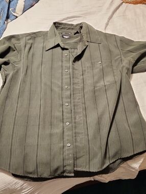 Haggar Olive Green Vertical-Striped Short Sleeve Button-Down Shirt